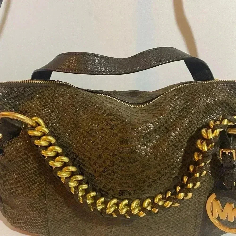 Michael kors brown leather suede satchel handbag